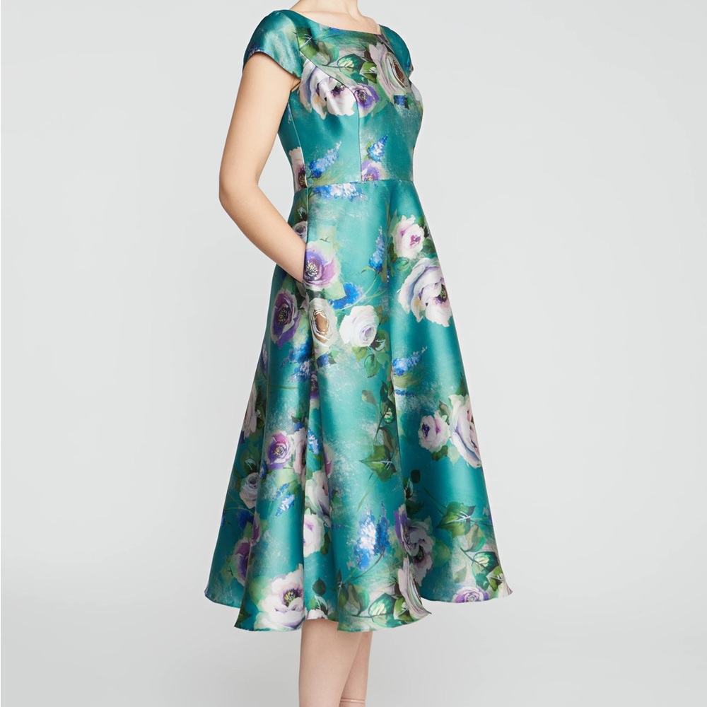Theia Libby Floral Satin Midi Dress